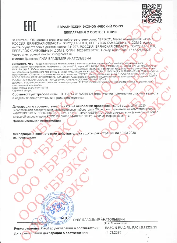 Сертификат соответствия МКШ, МКШМ, МКЭШ, МКШнг(А)-LS, МКЭШнг(А)-LS, МКШВнг(А)-LS, МКЭШВнг(А)-LS