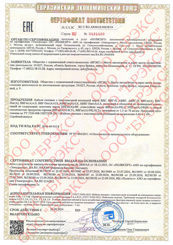 Сертификат соответствия АВВГ, АВВГ-П, АВВГнг(А)-LS, АВВГ-Пнг(А)-LS