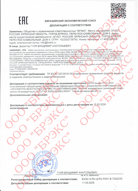 Сертификат соответствия МКШ, МКШМ, МКЭШ, МКШнг(А)-LS, МКЭШнг(А)-LS, МКШВнг(А)-LS, МКЭШВнг(А)-LS