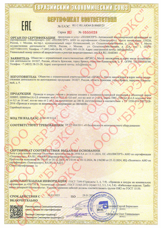 Сертификат соответствия ПВСнг(А)-LS, ШВВПнг(А)-LS